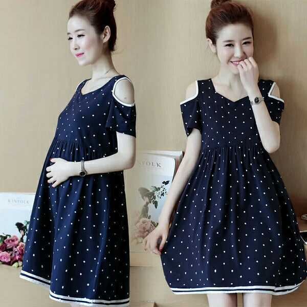Polka Dot Loose Short Sleeve Off-The-Shoulder Mid-Length Maternity Dress (M, Blue)