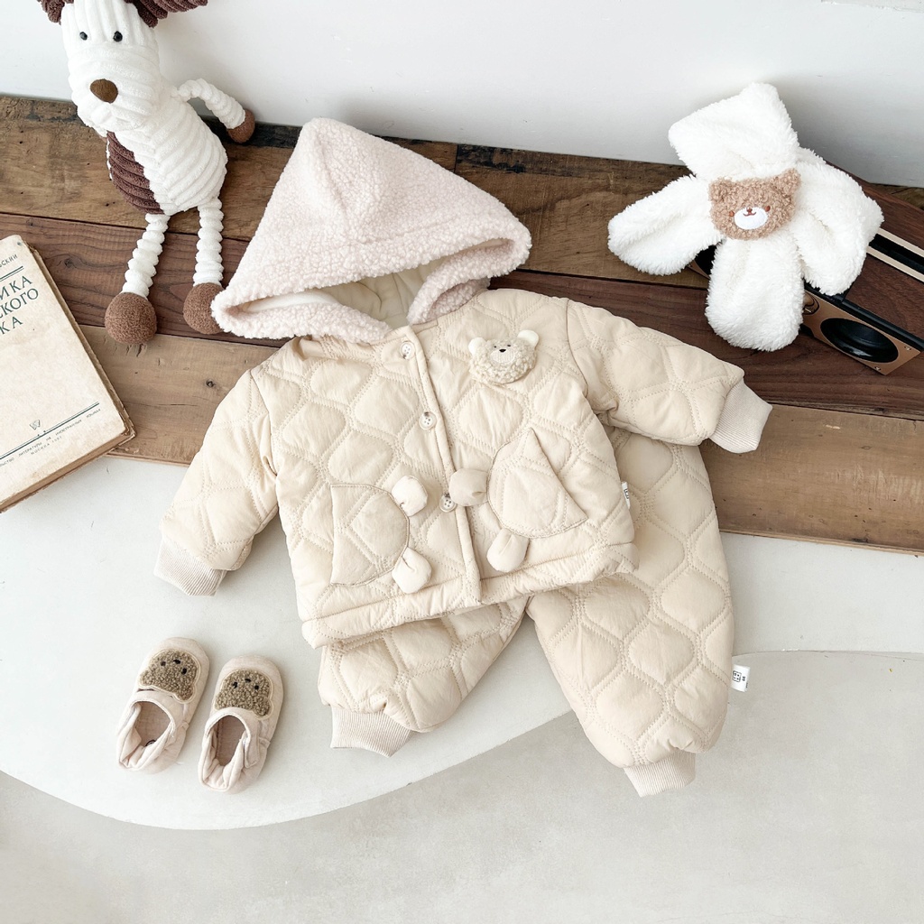 Baby Fleece-lined Warm Two-piece Suit Winter  (100 [cm], Beige)