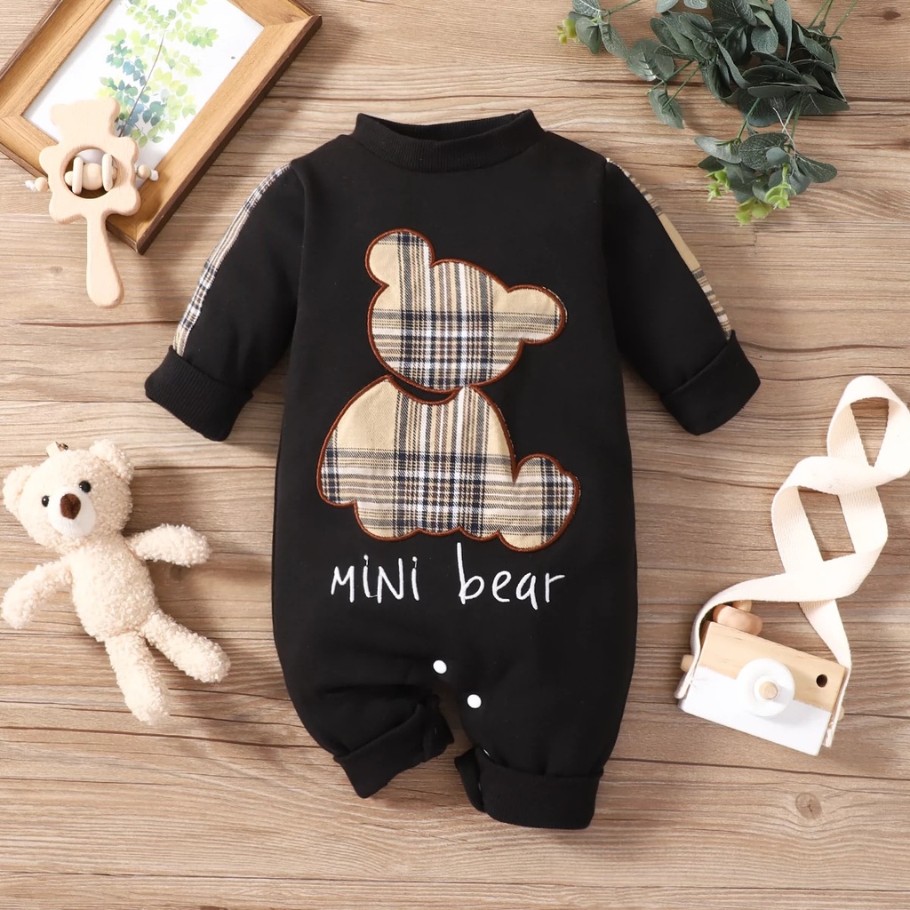 Plaid Patch Bear Long Sleeve Adjustable Overalls (0 - 3 [months], Black)
