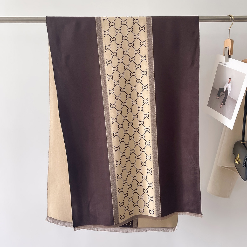 Stitching Contrast Color Scarf Women's Cashmere Warm Shawl (Beige & Brown)