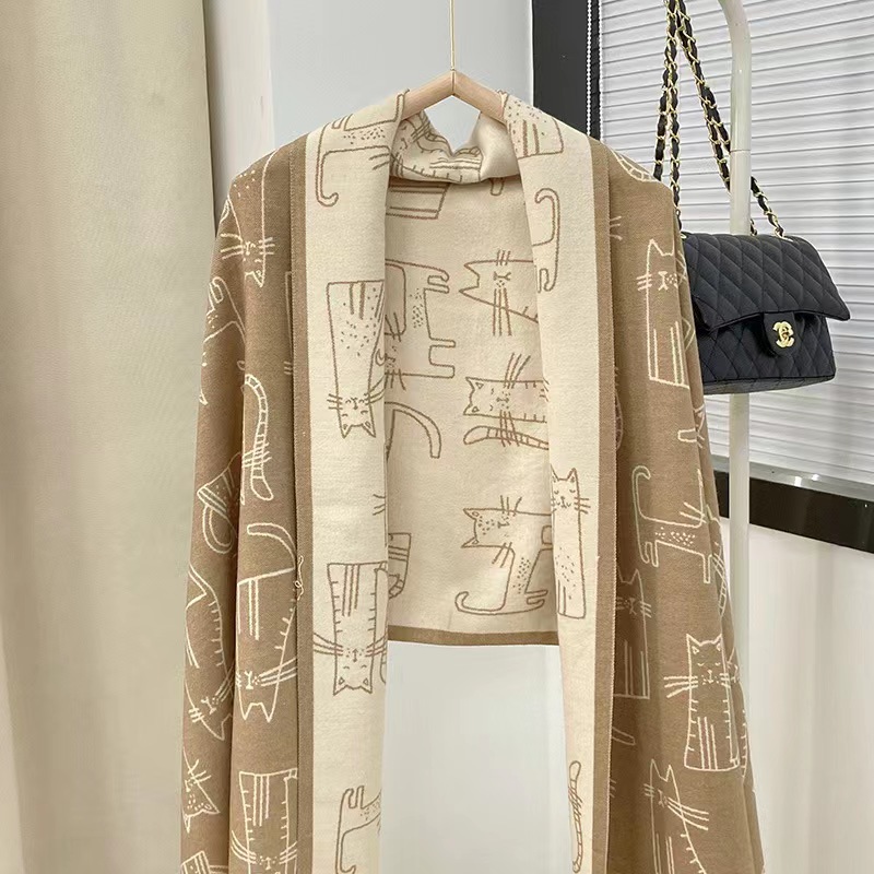Cat Printing Thick Tassel Cashmere Shawl Warm Scarf (Camel)