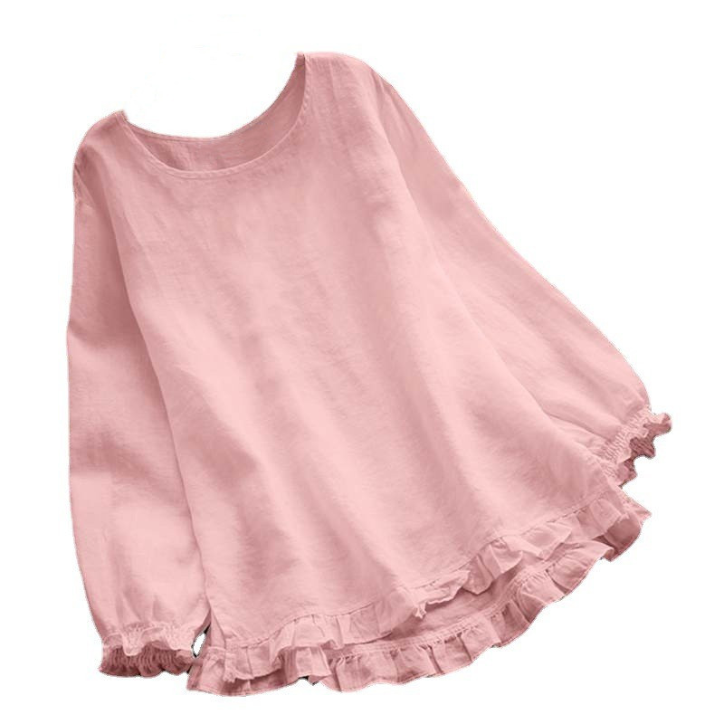 Long Sleeve Ruffled Bottom Cuff Loose-fitting Women's Cotton Linen Solid Color Round Neck Shirt (M, Pink)