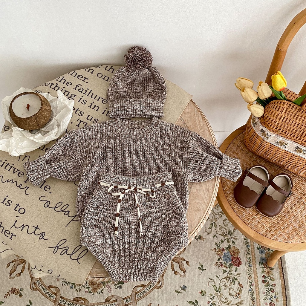 Infant Baby Girl Mixed Color Thick Needle Pullover Pants Pullover Fur Ball Knitted Hat 3-piece Set (100 [cm], Dark Brown Hat)