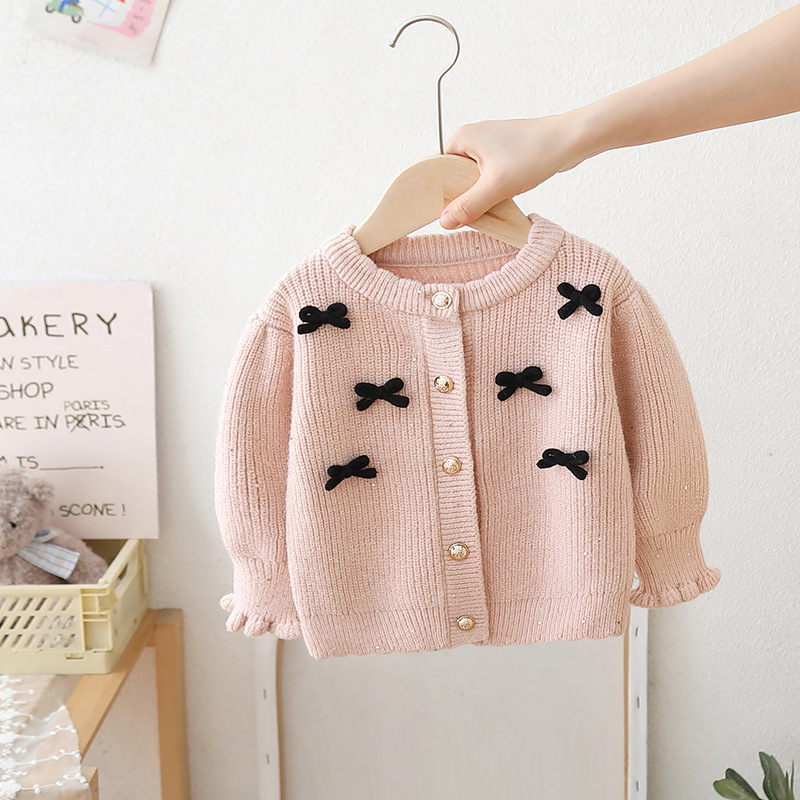 A woolen jacket adorned with a bow and in a solid color  (100 [cm], Pink)