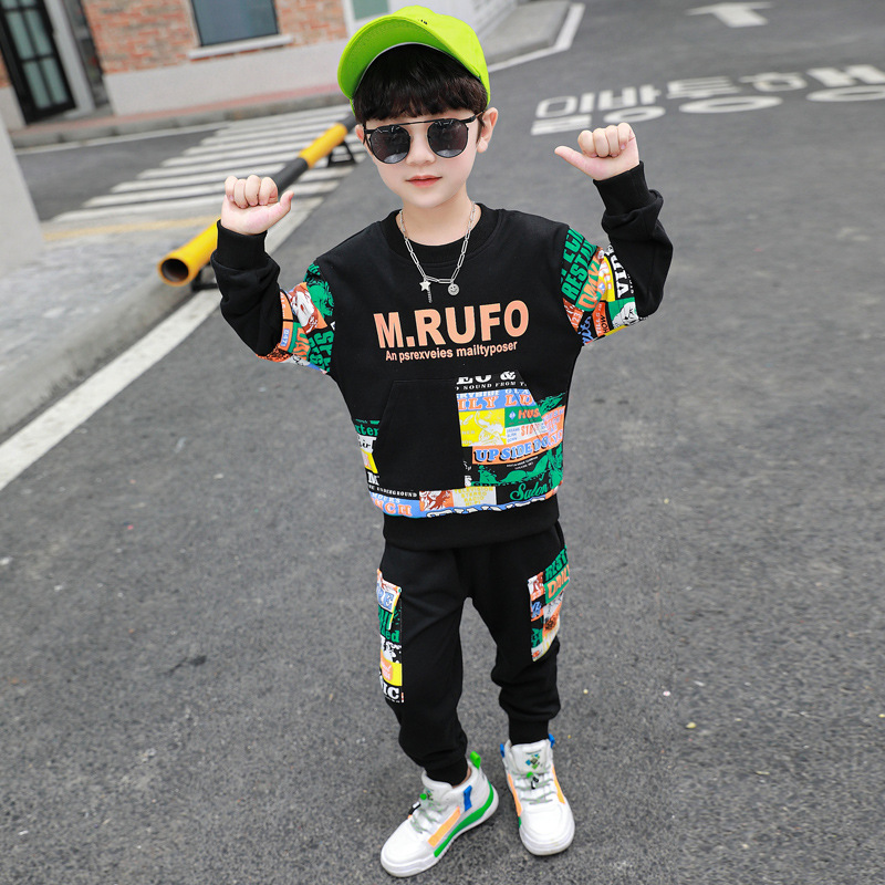 Boys Spring Clothes Suit Printed Sweater Two-piece Set (150 [cm], Black)