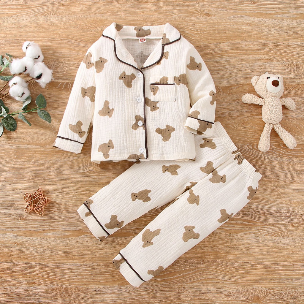Kids’ Long-Sleeve Pajamas Decorated with Cute Bears (100 [cm])