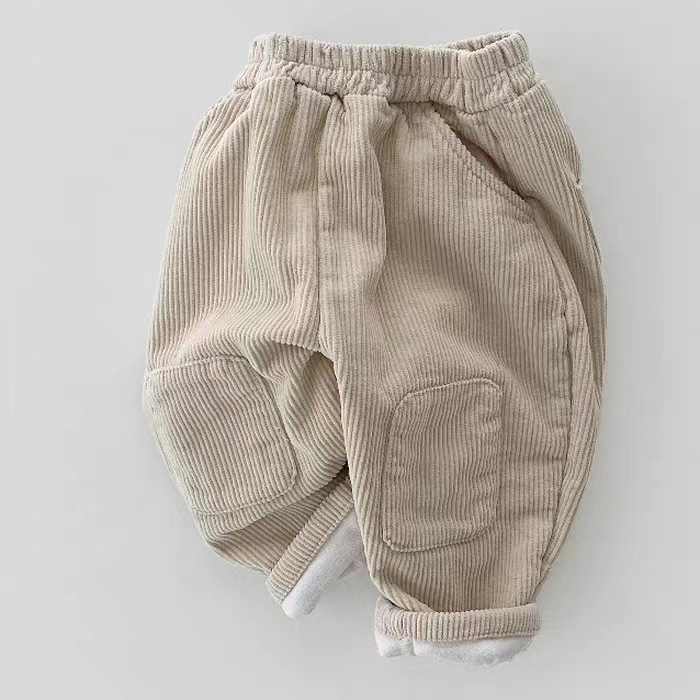 Korean Ins Corduroy Fleece-lined Patch Trousers (100 [cm], Beige)