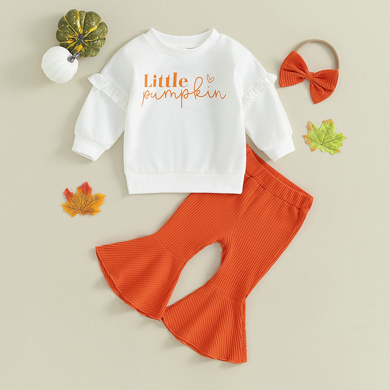 Children Ruffles Sleeve Sweater Sunken Stripe Cotton Bell-bottom Pants Suit (100 [cm])