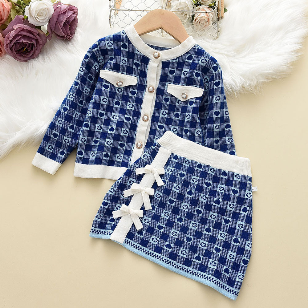 Classic Style Plaid Knitted Cardigan Bow Hip Skirt Two-piece Suit Girl Sweater (3 [years])