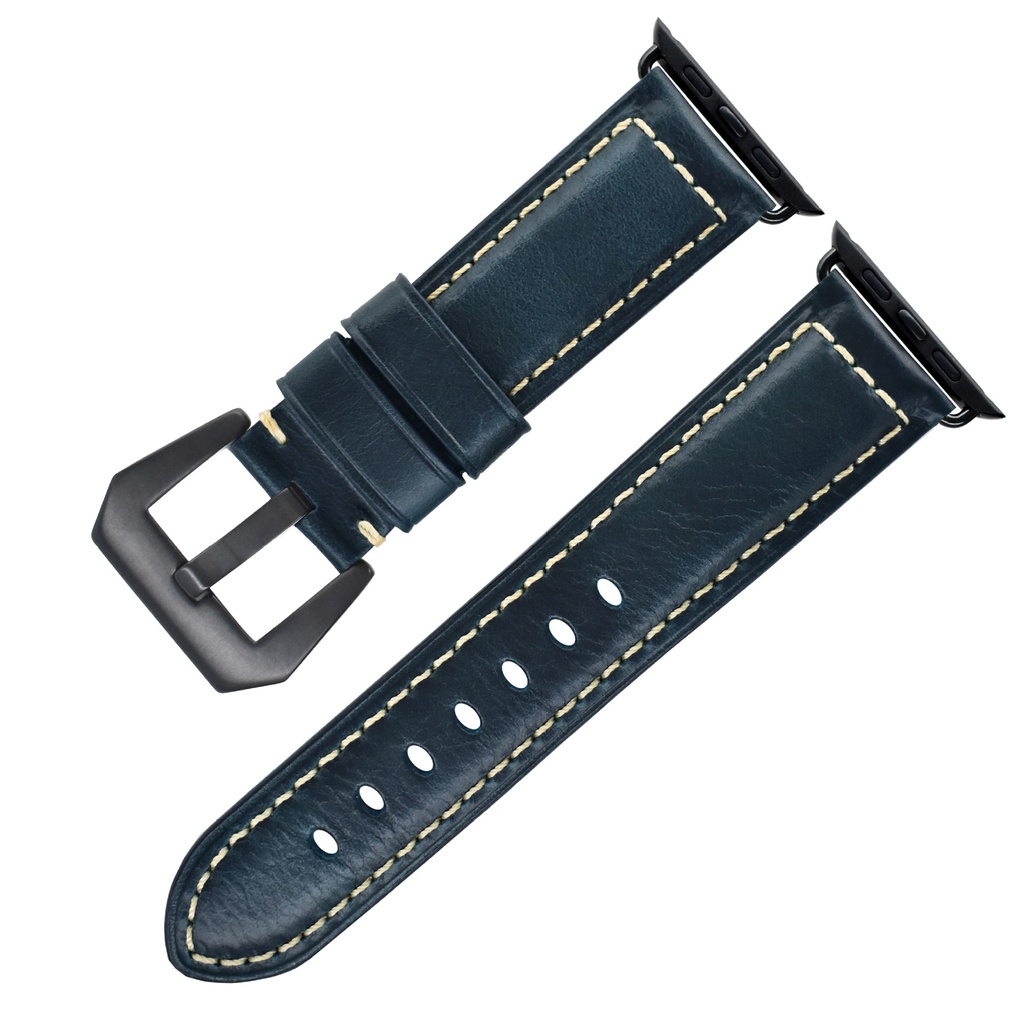 Vintage Oil Wax Genuine Cowhide Watch Band (42 - 44 - 45 - 49 [mm], Blue Black Buckle 012S)