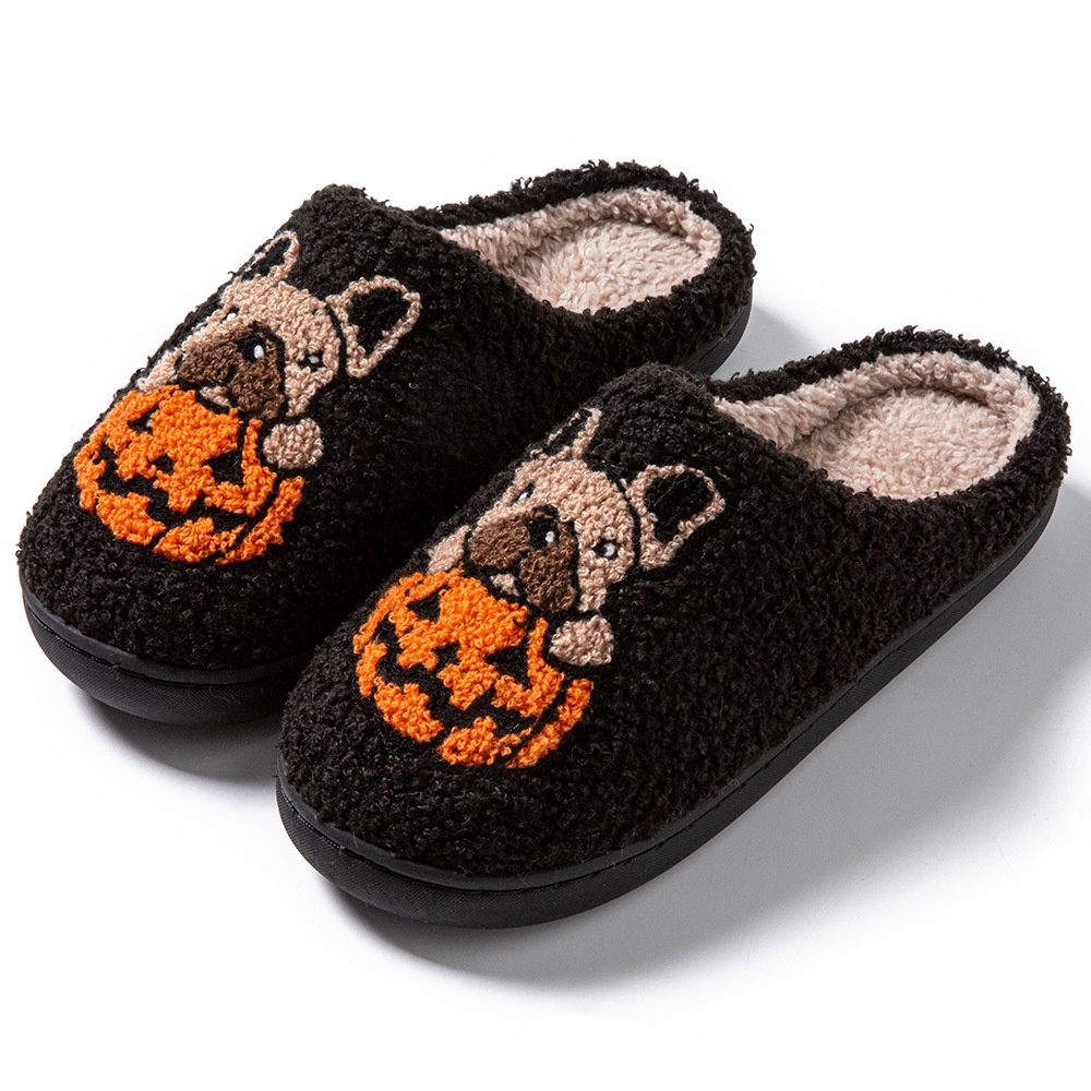 2024 New Halloween Cute Comfy Pumpkin House Slippers Outdoor Indoor For Spooky Season Non-slip Velvet Cotton Slippers (40 - 41, Black)
