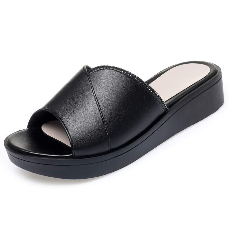 Outdoor All-matching Flip-flops High Heel Chunky Heel Peep Toe Slippers (35, Black)
