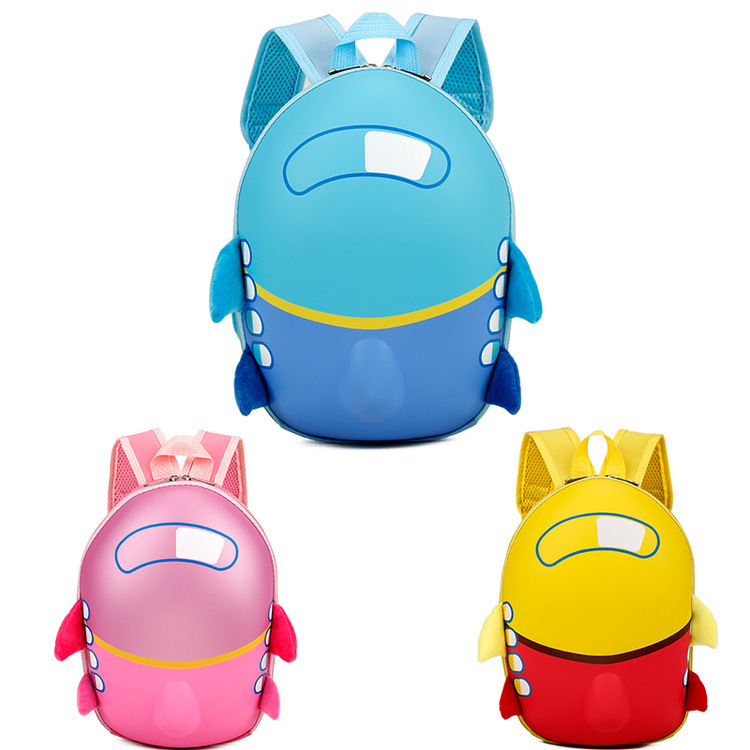 A cardboard school bag with a small airplane design and a hard shell for durability and protection  (Pink)