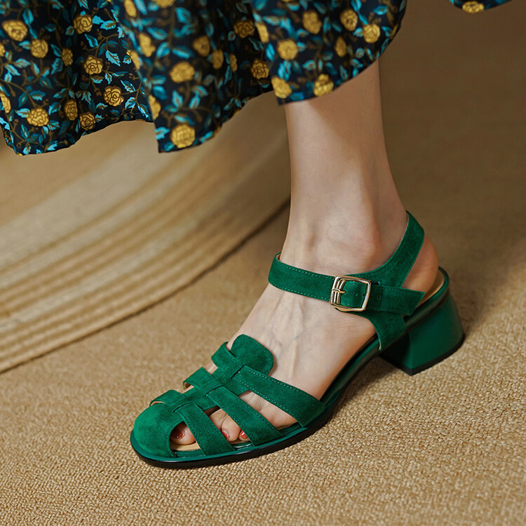 Women's Retro Chunky Heel Ankle-strap Buckle Mid Heel Sandals (34, Green)