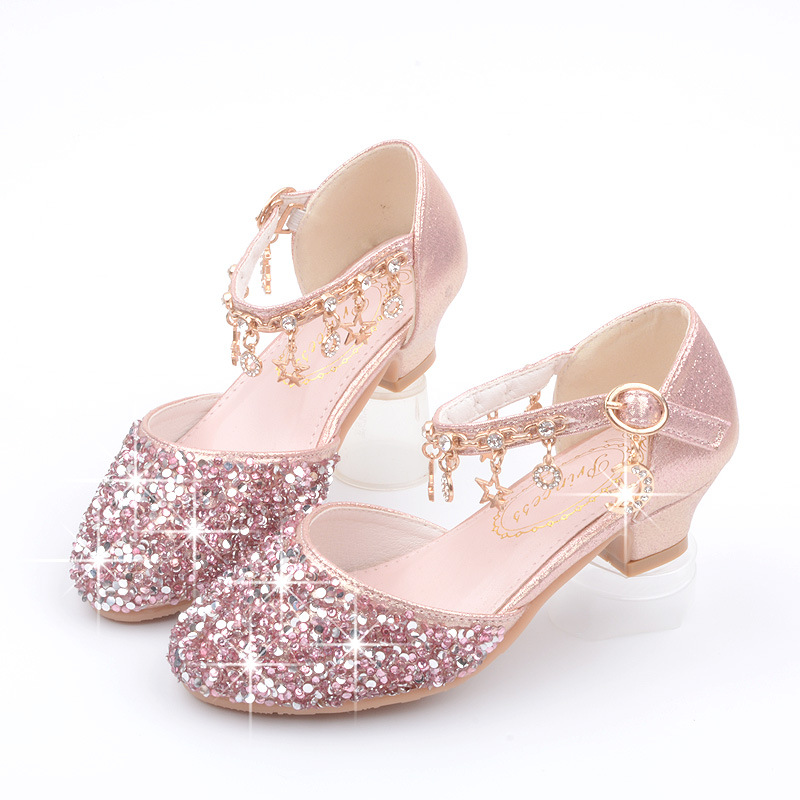 Girls High Heel Shoes Sequined Spring And Autumn Medium And Large Children Princess Sandals (26, Pink)