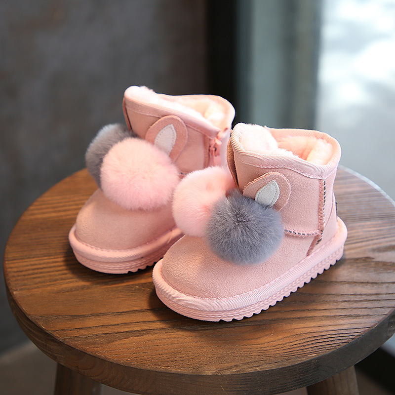 Rabbit fur ball girls and children snow boots (26, Pink)