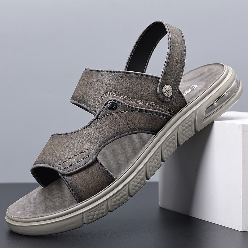 New Summer Genuine Leather Double Sole Middle-aged And Elderly Casual Beach Non-slip Men's Sandals (38, Grey)