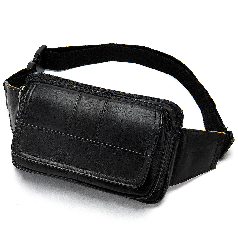 Men's First Layer Cowhide Outdoor One Shoulder Crossbody Waist Bag (Black)