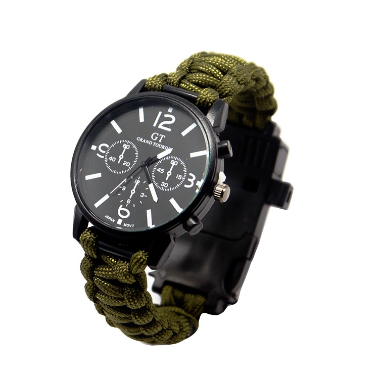 Multifunctional Survival Led Light Outdoor Waterproof Camping First Aid Parachute Cord Climbing Watch (Army Green 063)