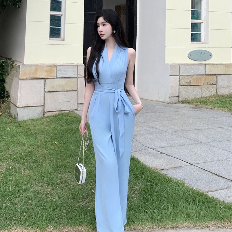 Southeast Asia French Hepburn Style V-neck Waist Trimming Lace Up Jumpsuit Women (M, Blue)