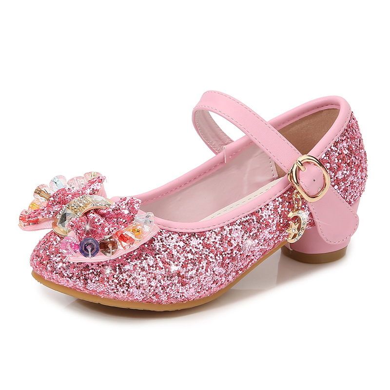 Girls High Heel Shoes Princess Crystal Shoes Middle And Big Children (26, Pink)