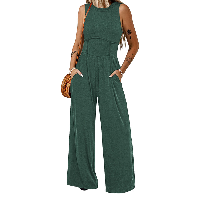 Summer  Casual Loose Slim Fit Wide Leg Trousers Women Sleeveless Vest Jumpsuit Women (M, Green)