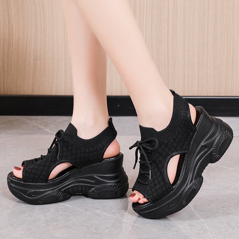 Women's Platform High-heeled Flyknit Wedge Platform Sports Sandals (34, Black)