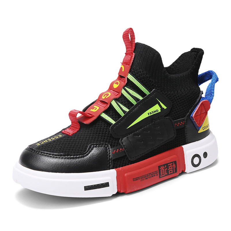 Autumn Children's High-top Flying Woven Sneakers Trendy Child Children And Teens Boys Flat Shoes (26, Black)