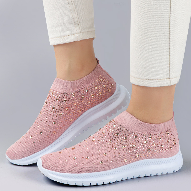 European And American Plus Size Rhinestone Stretch Sock Shoes Casual Men And Women Sneaker (35, Pink)