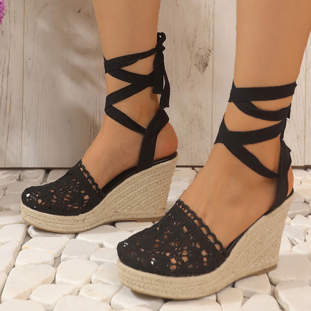 Women's Straw Woven Wedge High Heels Lace Lace-up Sandals (36, Black)