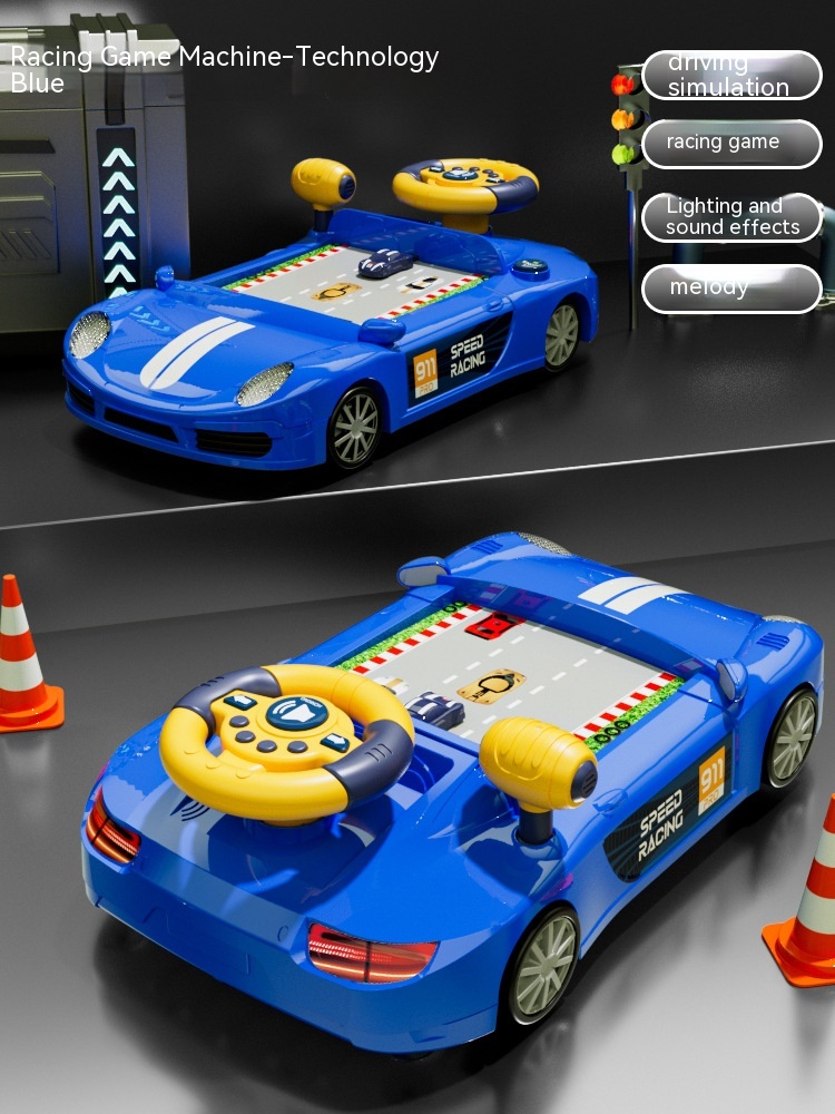 Children's Racing Car Adventure Steering Wheel Electric Desktop Game Avoid Simulated Driving Educational Toys (Blue Battery)