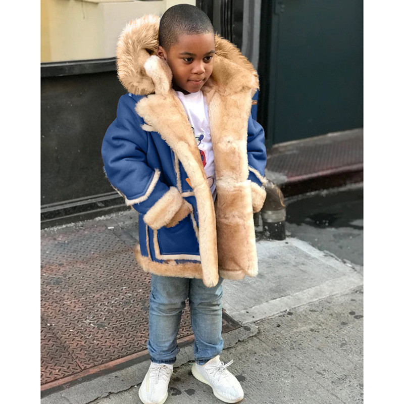 Boys' Warm Fur All-in-one Fashion Hooded Jacket (150 [cm], Blue)