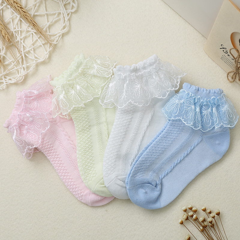 Girls Fashion Socks Summer Thin Lace (21 - 25, 3 [pcs] Powder + 2 [pcs] Blue)