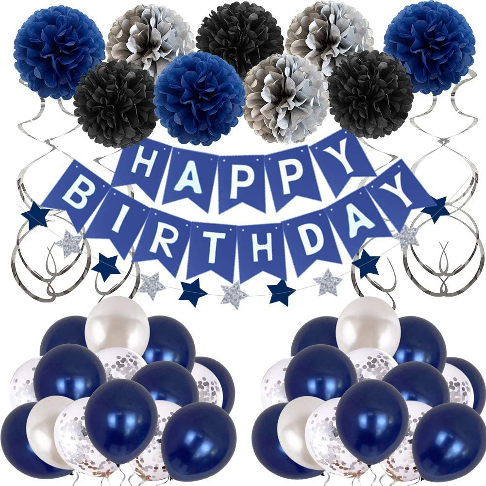 A dark blue birthday party set including decorative flags, paper flowers, and colorful balloons, perfect for celebrating birthdays or welcoming a newborn 